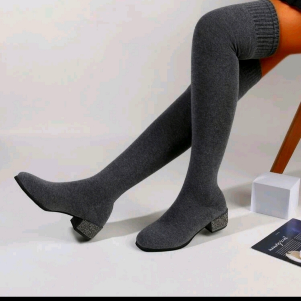 Rhinestone Sock chunky heel Boots